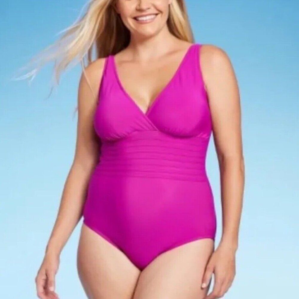 Aqua Green Women's Pink UPF 50 Waist Detail Full Cover One Piece Swimsuit Size M
